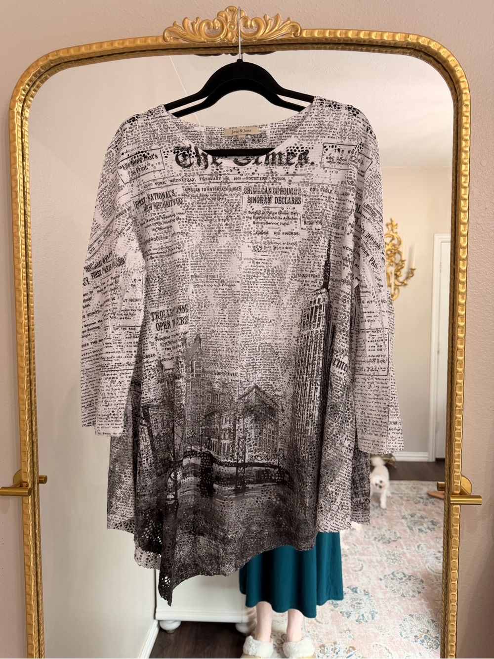 Women’s Black & White Newspaper Print Tunic Blouse